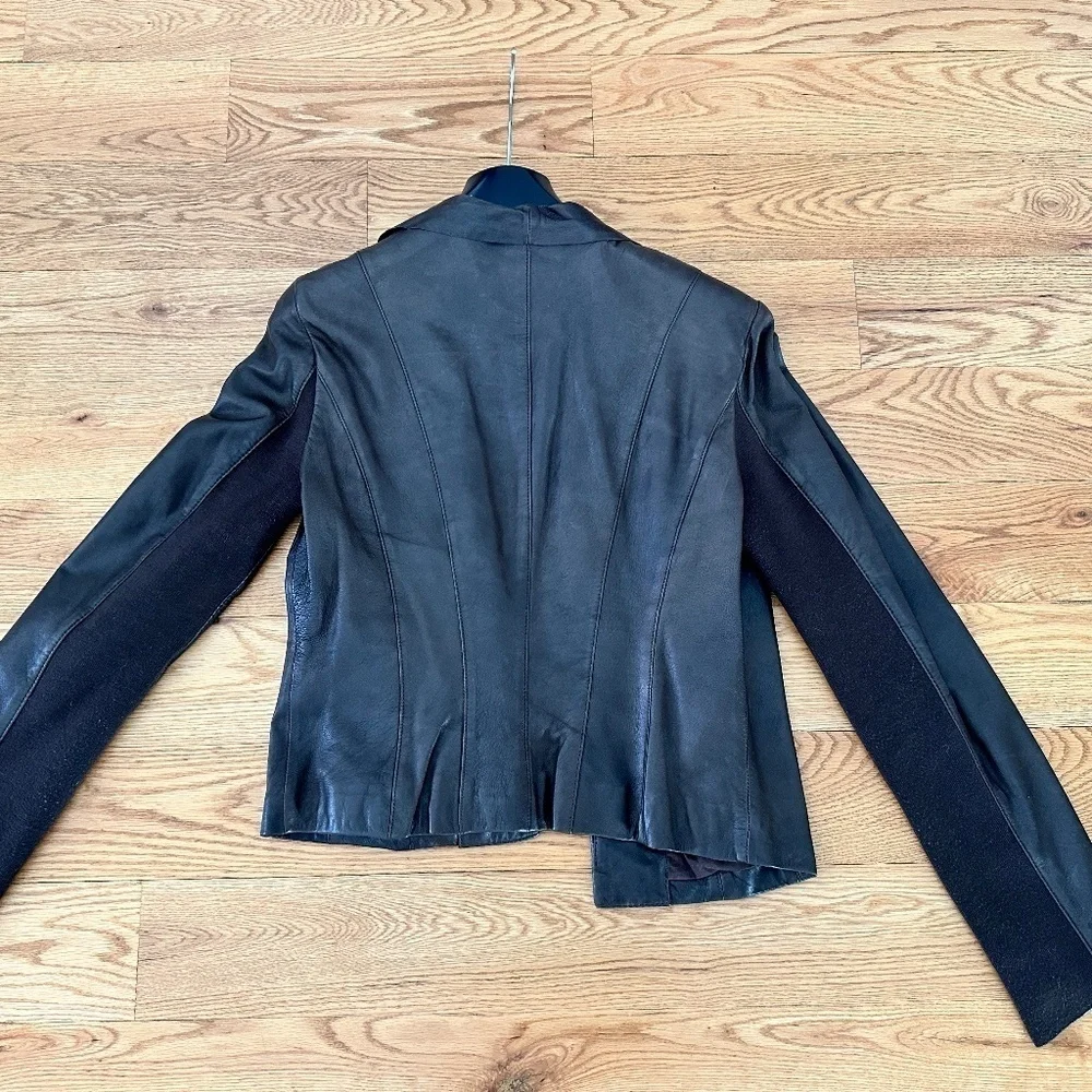 Cole Haan Brown Leather Jacket Cropped Design and Feminine Ruffle Front Detail